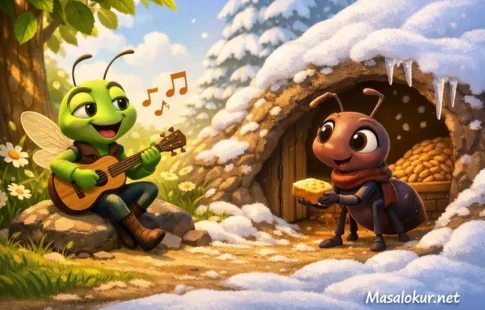 Ağustos böceği ve karınca 3D masal sahnesi.