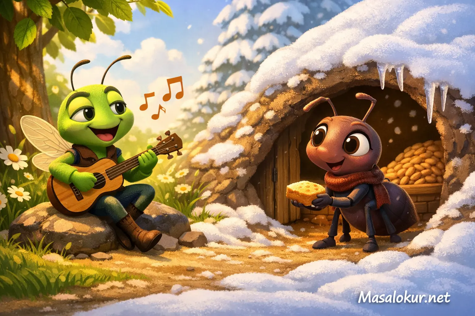 Ağustos böceği ve karınca 3D masal sahnesi.