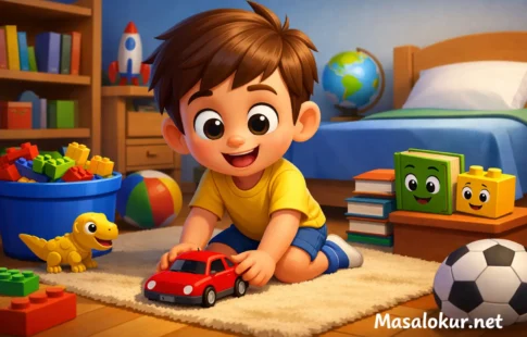 Dağınık odasını toplayan mutlu çocuk ve oyuncaklar.