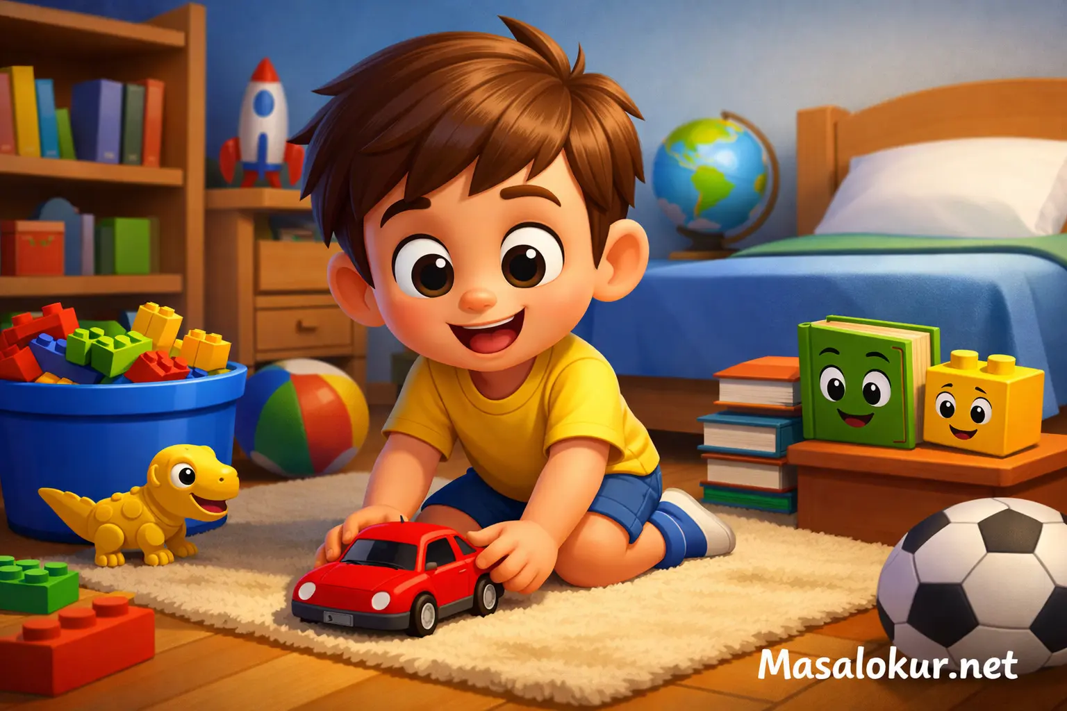 Dağınık odasını toplayan mutlu çocuk ve oyuncaklar.