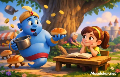 Saf cin ve Elif’in komik masal görseli.