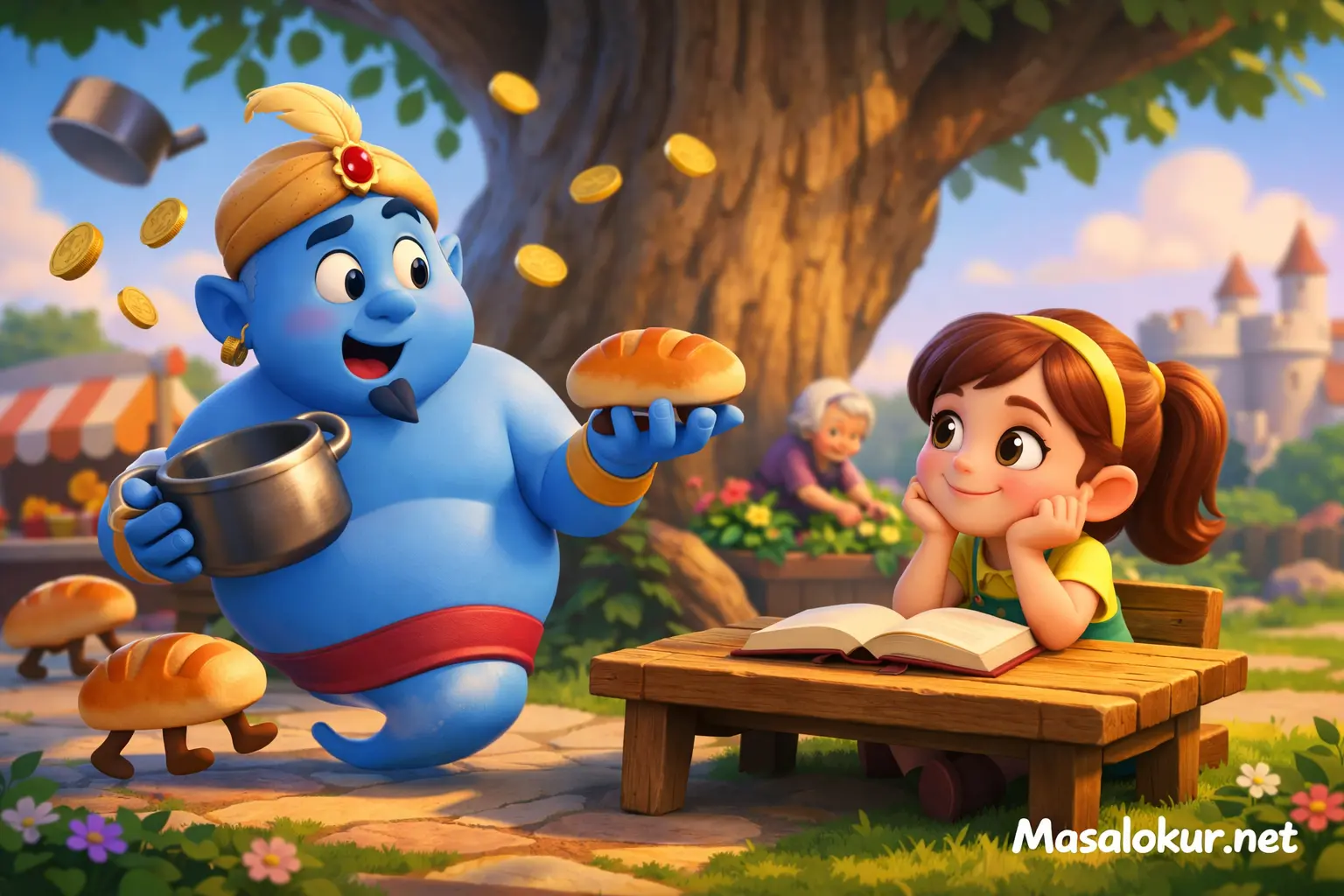 Saf cin ve Elif’in komik masal görseli.