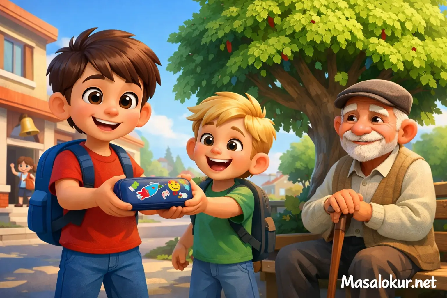 Deniz kayıp kalem kutusunu arkadaşına verir.