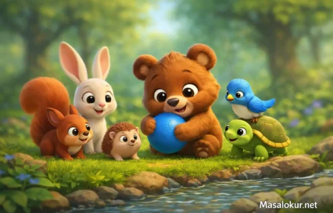 Minik ayıcık mavi topunu buluyor.