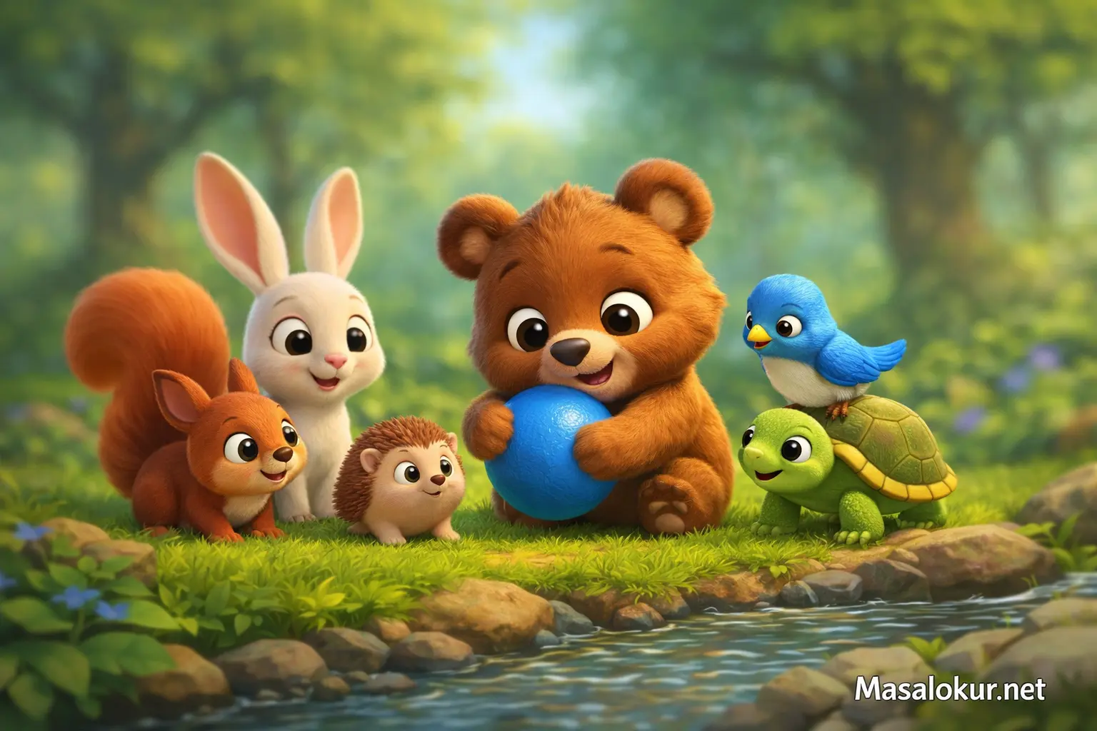 Minik ayıcık mavi topunu buluyor.