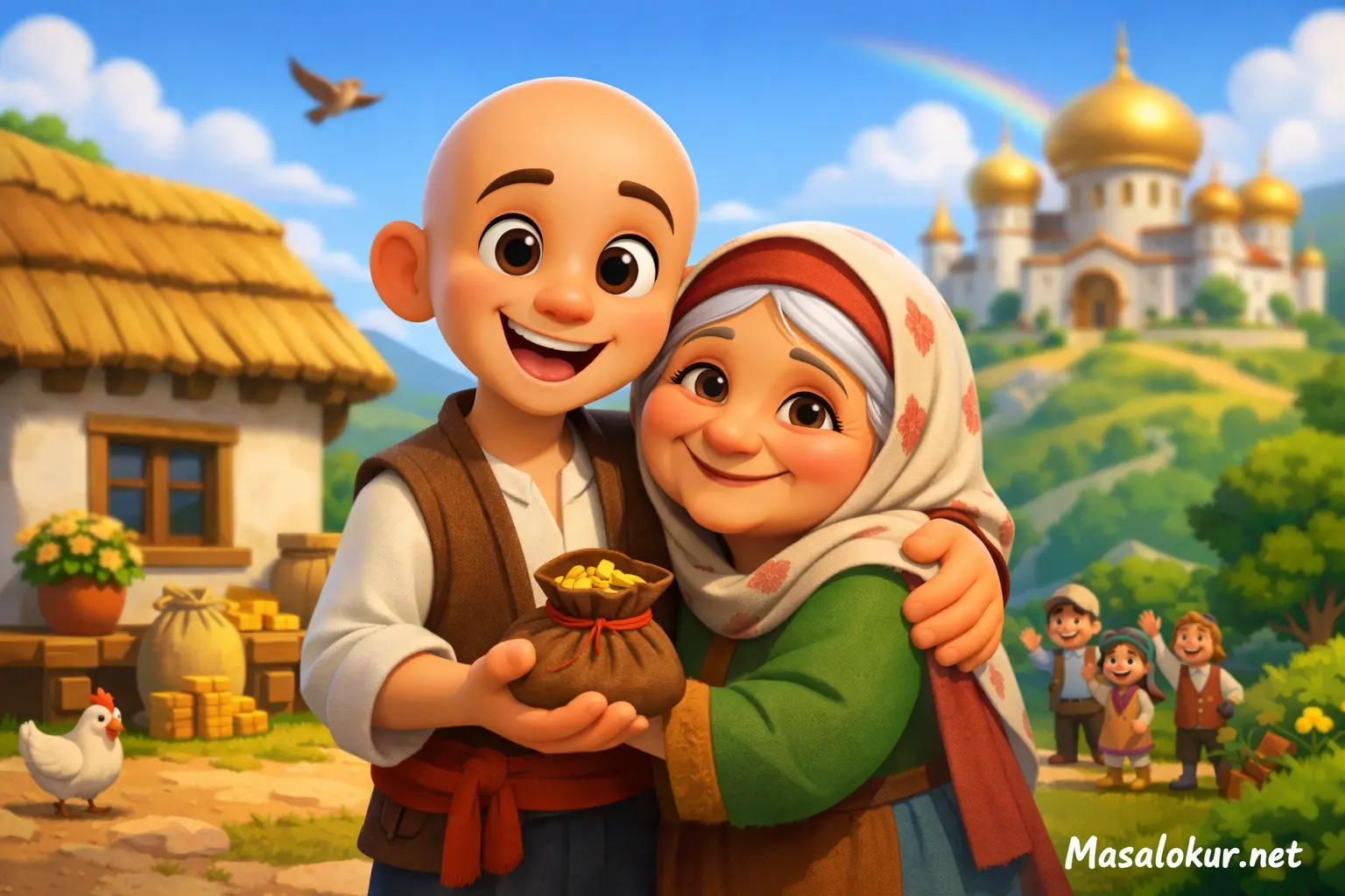 Keloğlan'ın annesiyle mutlu köy sahnesi.