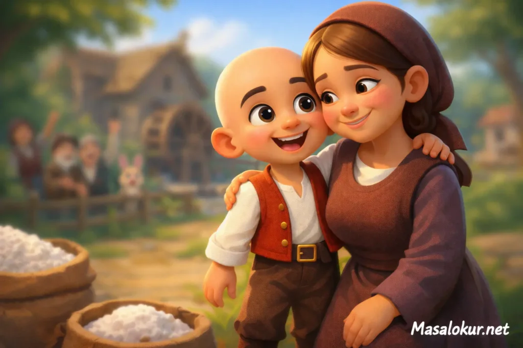 Keloğlan'ın annesiyle köyde mutlu son sahnesi.