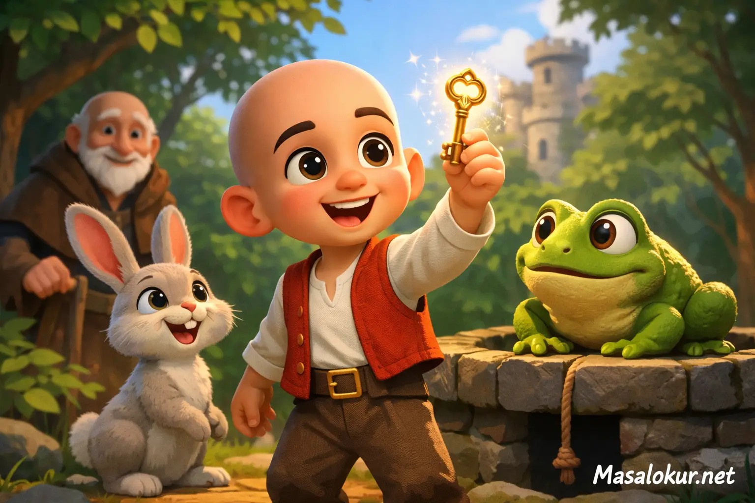 Keloğlan sihirli anahtar ve tavşanla ormanda.