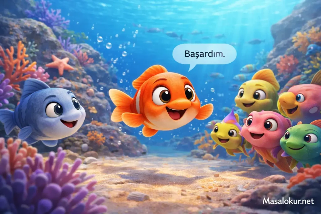 Küçük balık başarıyla arkadaşlarına dönüyor.