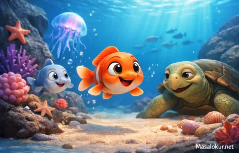 Küçük balık ve kaplumbağa deniz sahnesi.