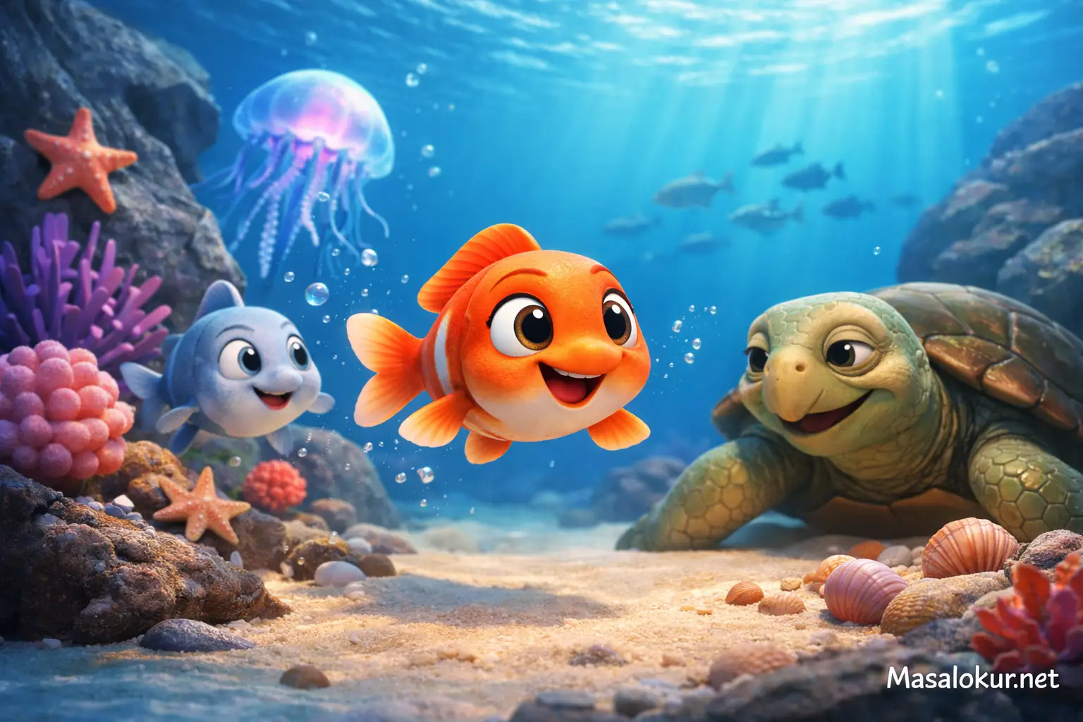 Küçük balık ve kaplumbağa deniz sahnesi.