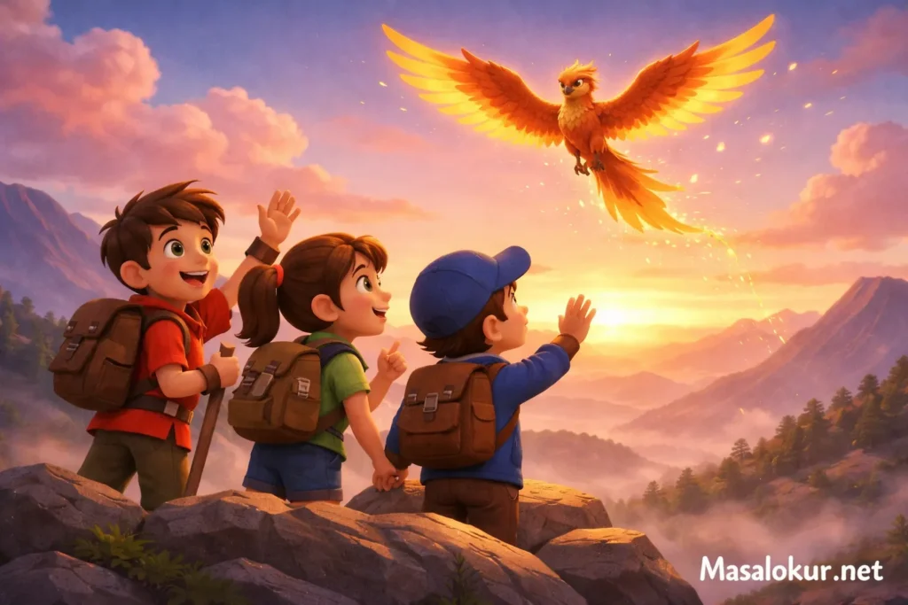 Üç çocuk Anka kuşuna veda ediyor (masal sahnesi).