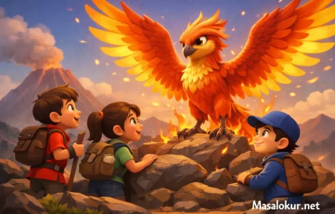 Üç çocuk Anka kuşunu buluyor (Masal sahnesi).