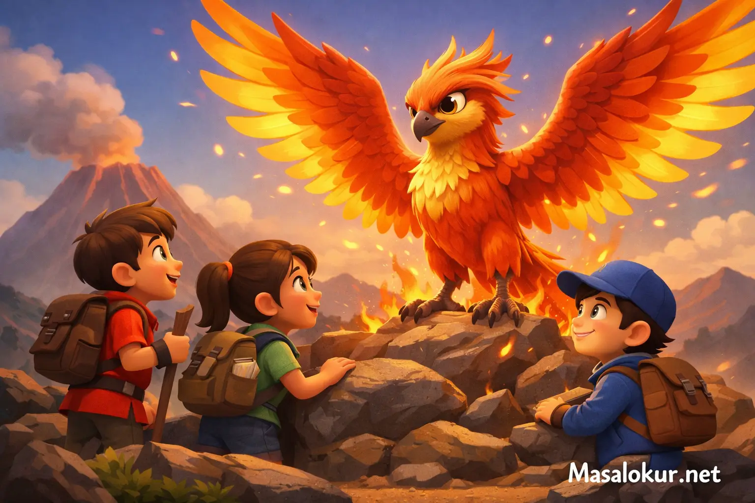 Üç çocuk Anka kuşunu buluyor (Masal sahnesi).