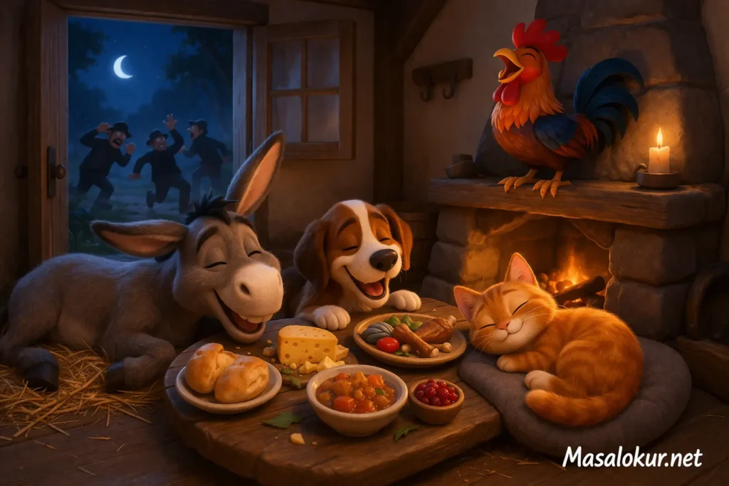 Bremen Mızıkacıları evde, mutlu son sahnesi.