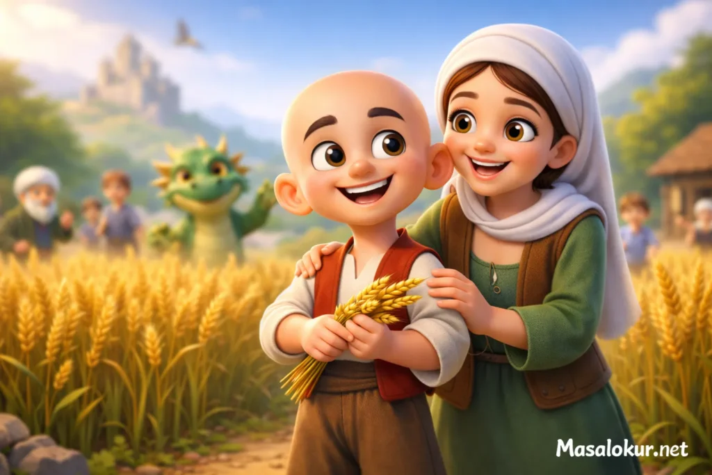 Keloğlan ve annesi buğday tarlasında.