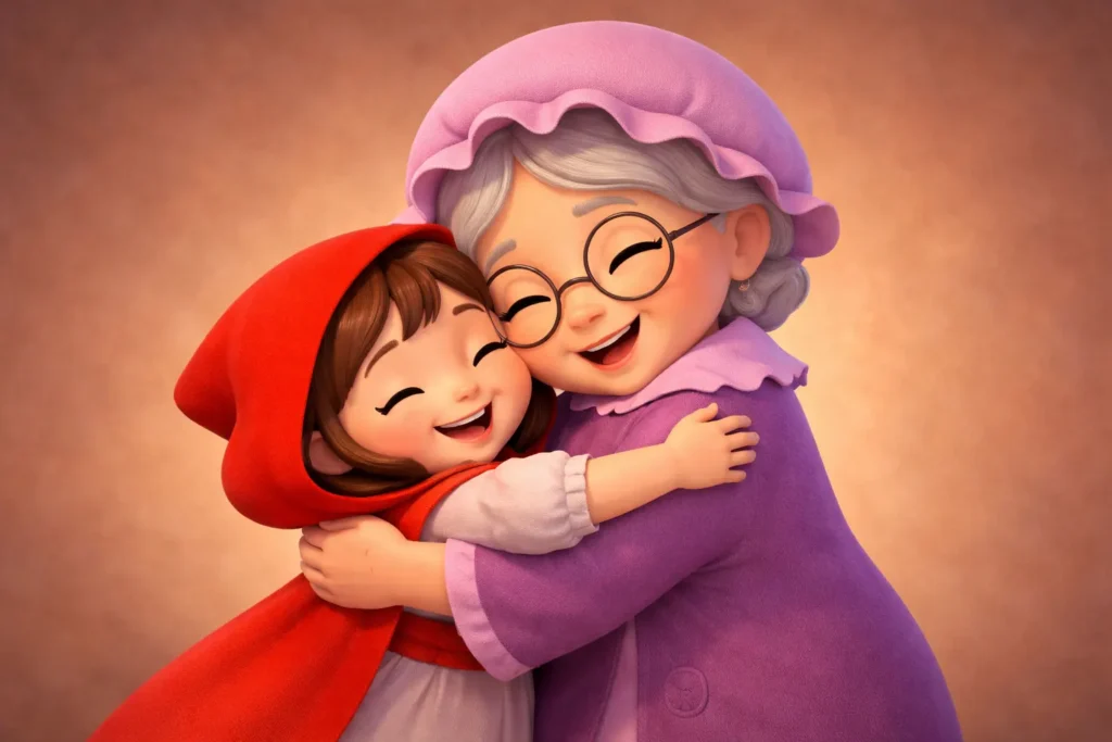 Kırmızı Başlıklı Kız büyükannesine sevgiyle sarılıyor.