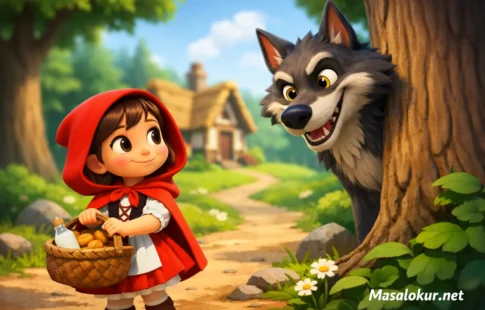 Kırmızı Başlıklı Kız ormanda kurtla karşılaşıyor.