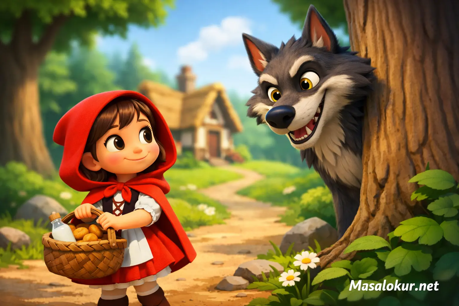 Kırmızı Başlıklı Kız ormanda kurtla karşılaşıyor.