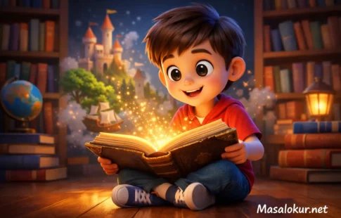 Konuşan kitabı okuyan çocuk.