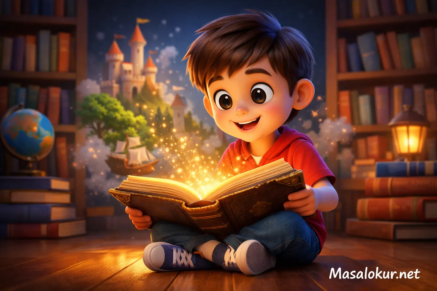 Konuşan kitabı okuyan çocuk.