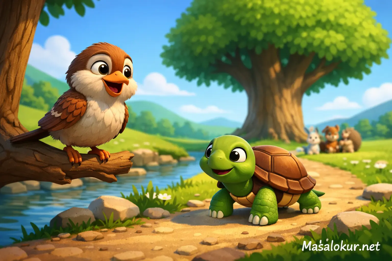 Serçe ve kaplumbağa. Sabır temalı çocuk masalı görseli.