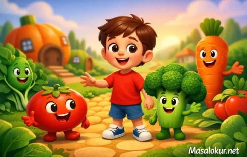 Sebze ülkesinde bir çocuk ve konuşan sebzeler.