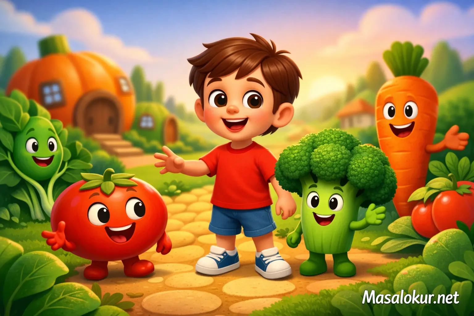 Sebze ülkesinde bir çocuk ve konuşan sebzeler.