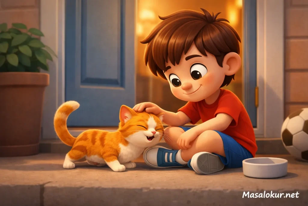 Çocuk sokak kedisini seviyor.