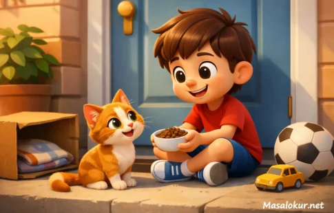 Çocuk ve sokak kedisi dostluk sahnesi.