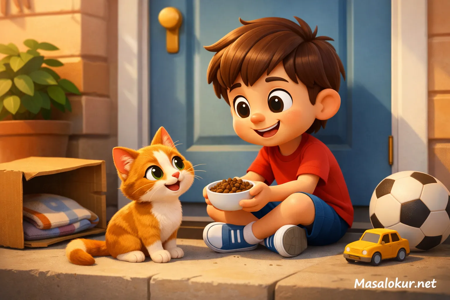 Çocuk ve sokak kedisi dostluk sahnesi.