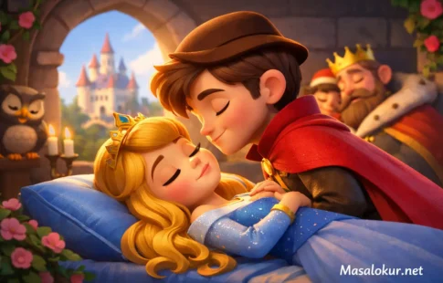 Uyuyan Güzel masalından prenses ve prens sahnesi.