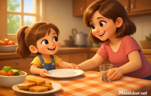 Annesine yardım eden küçük kız çocuk masalı sahnesi.