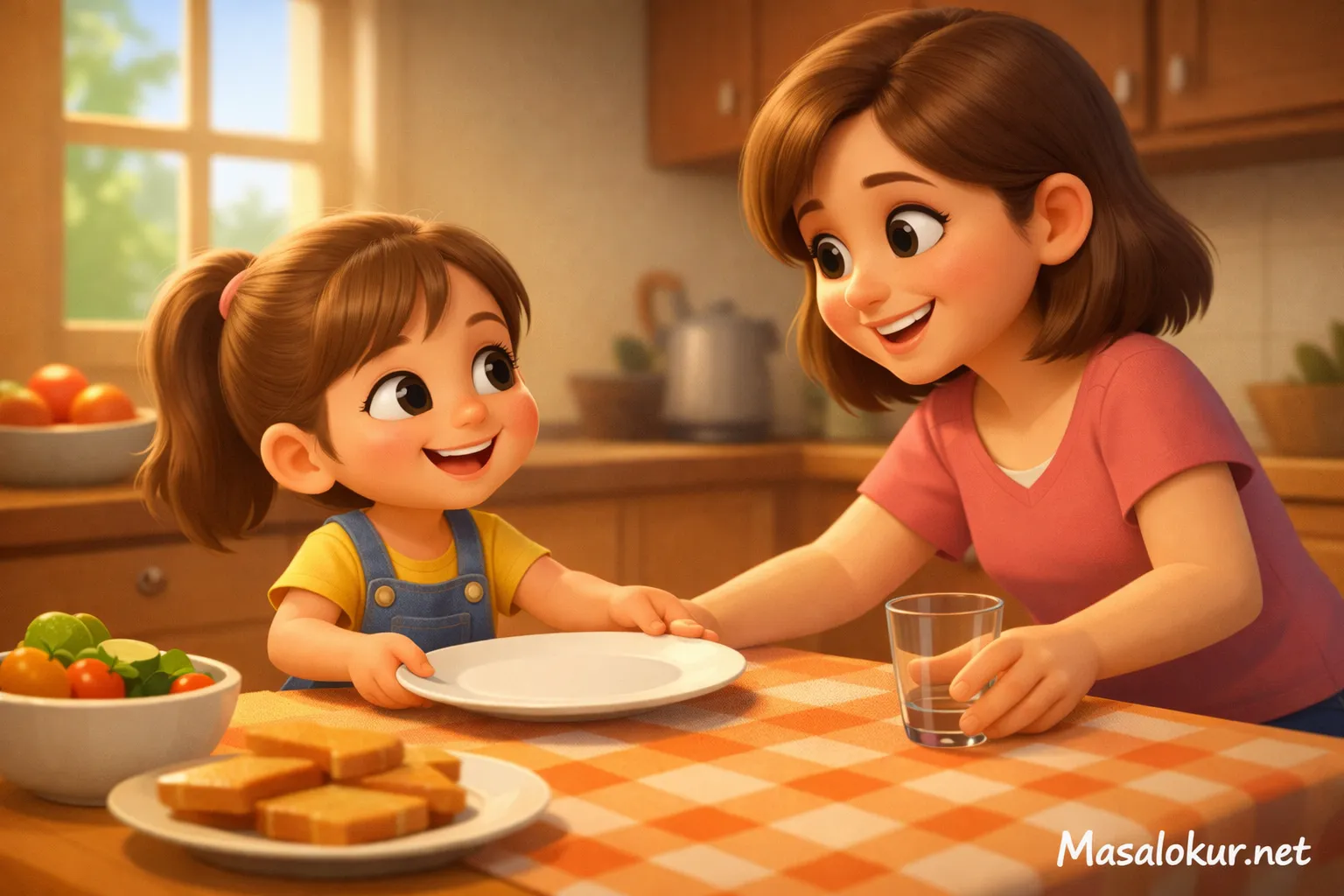 Annesine yardım eden küçük kız çocuk masalı sahnesi.