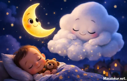 Minik Ay ve uykucu bulut masal sahnesi.