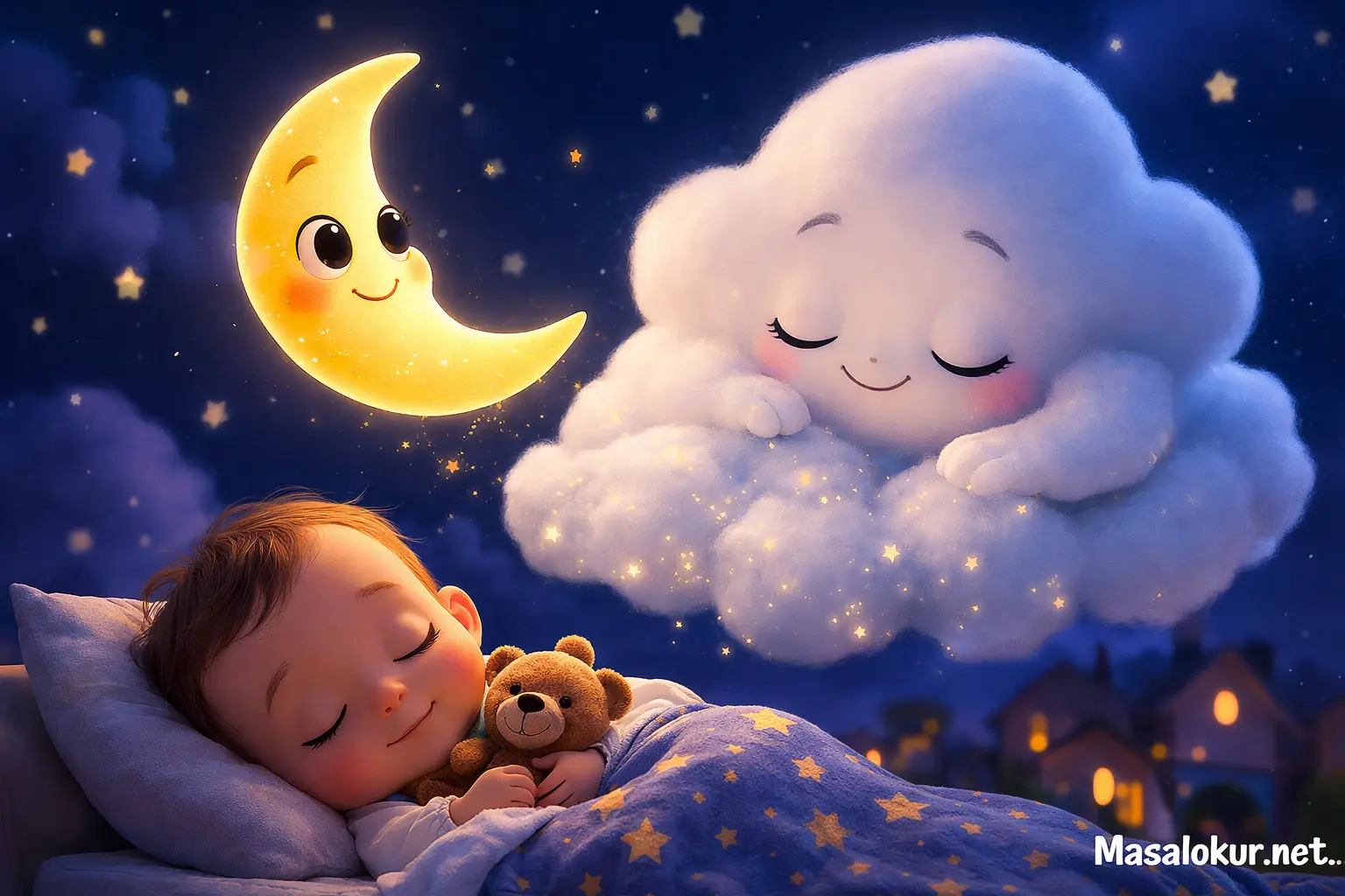 Minik Ay ve uykucu bulut masal sahnesi.