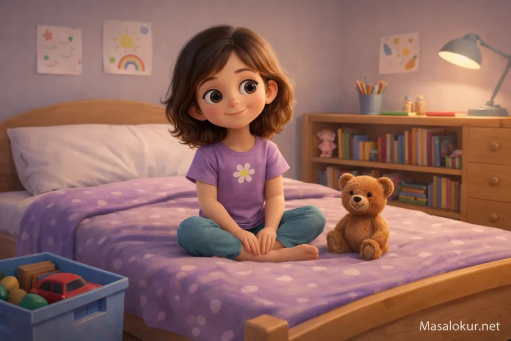 Düzenli odasında mutlu çocuk ve oyuncak ayı.