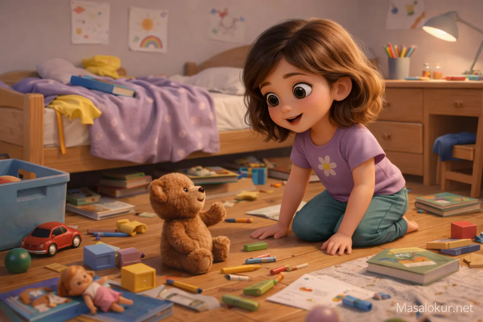 Dağınık odasını toplayan mutlu çocuk ve oyuncak ayı.