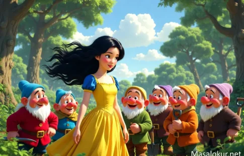 Pamuk prenses ve cüceler. (Masal sahnesi.)