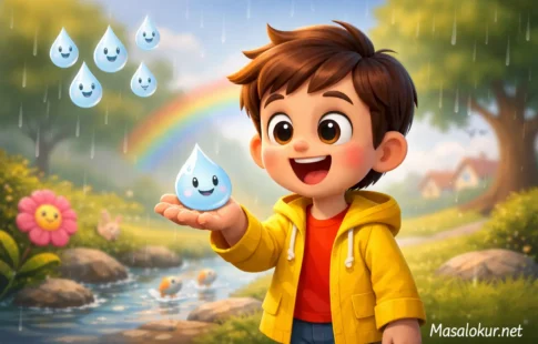 Yağmur damlasıyla oynayan mutlu çocuk.