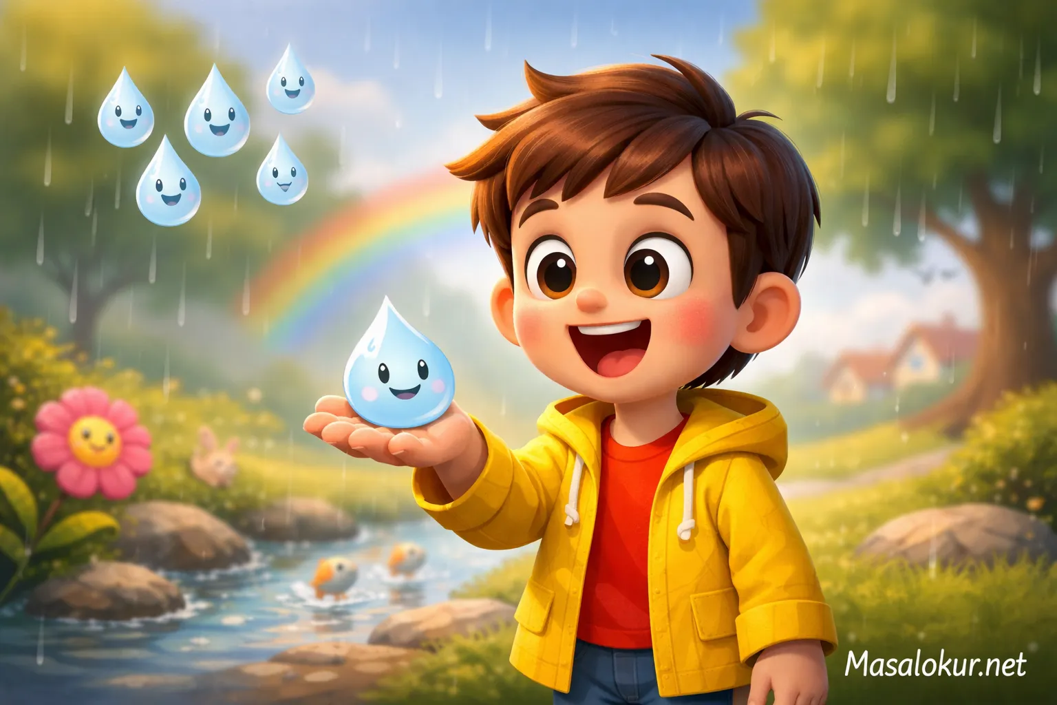 Yağmur damlasıyla oynayan mutlu çocuk.
