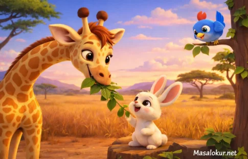 Zürafa Lolo tavşana yaprak verir.