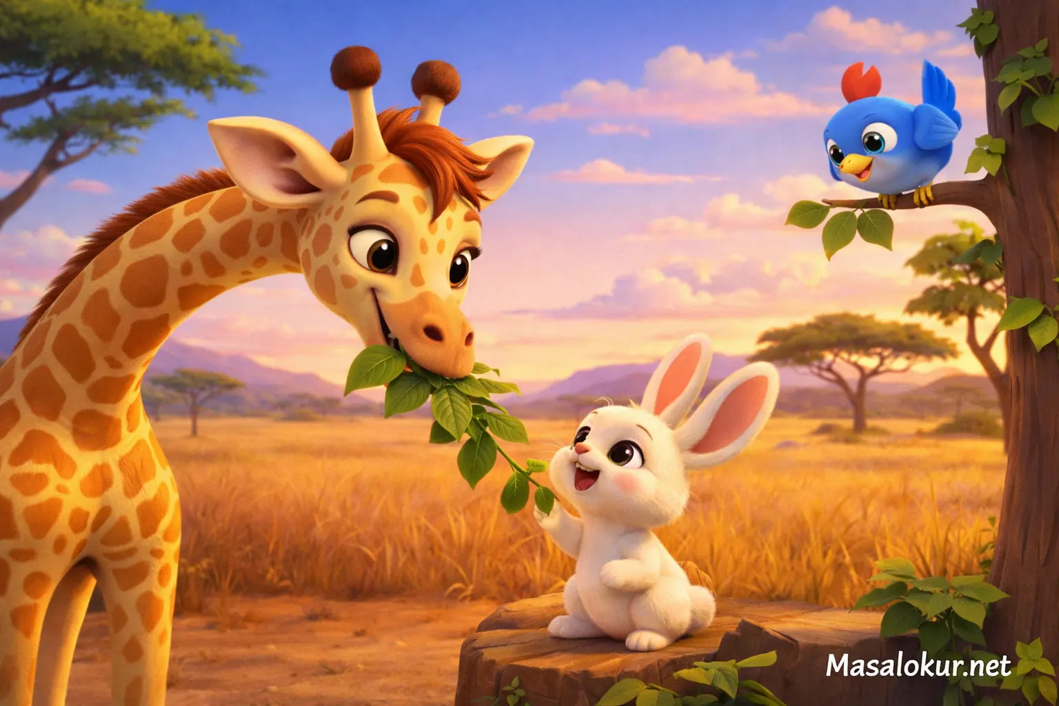 Zürafa Lolo tavşana yaprak verir.