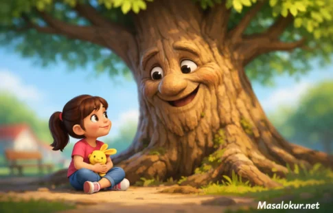 Konuşan ağaç ve çocuk masal sahnesi.