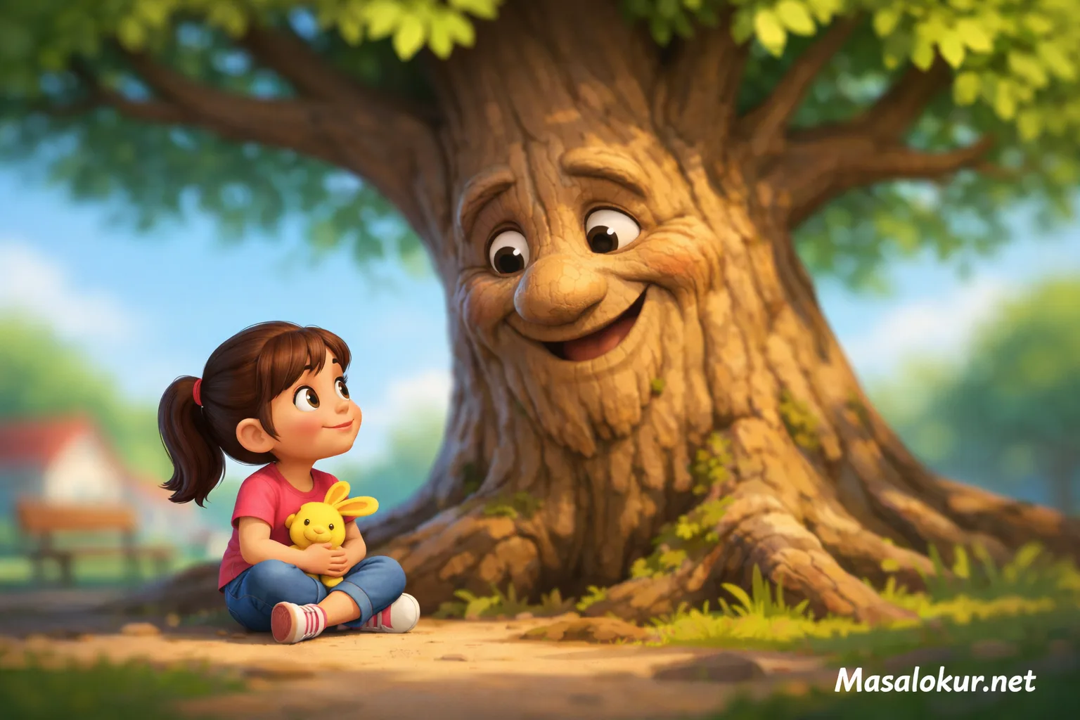 Konuşan ağaç ve çocuk masal sahnesi.