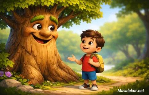 Konuşan ağaç ve çocuk doğa masalı sahnesi.