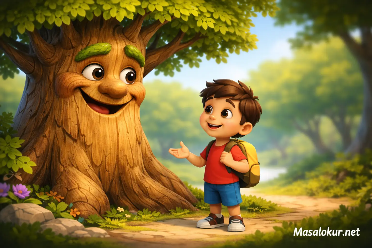 Konuşan ağaç ve çocuk doğa masalı sahnesi.