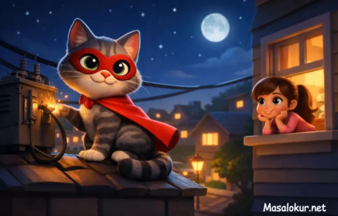 Süper kahraman kedi Mırmır gece mahallede.