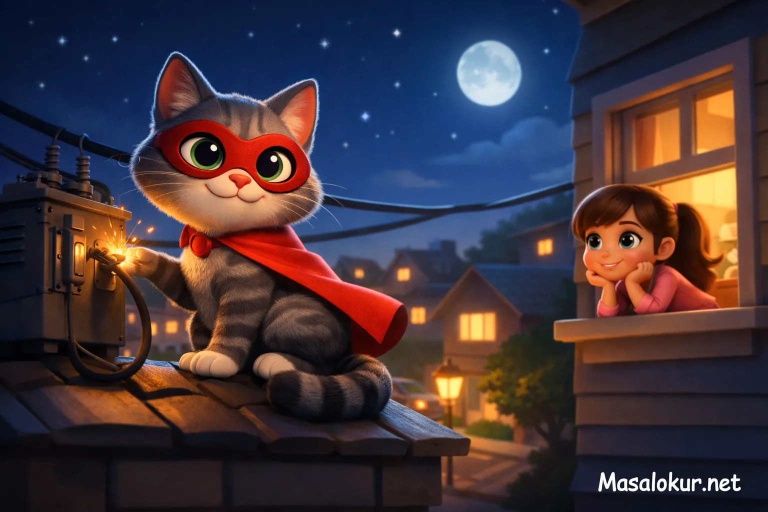 Süper kahraman kedi Mırmır gece mahallede.