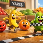 Manavda yarışan meyveler (Çocuk masalı görseli).